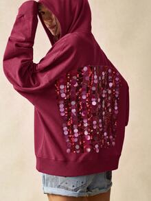 Bohemela Women's Sequin Fashion Versatile Daily Casual Hooded Sweatshirt - Burgundy - View 9