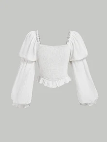 SHEIN MOD Elegant White Summer Tea Party Blouse,Sweetheart Neck Ruched Bust Frill Trim Lotus Knot Puff Flare Long Sleeve Tops,Victorian Pirate Rococo Shirt - White - View 6