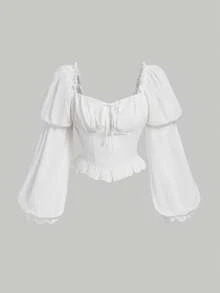 SHEIN MOD Elegant White Summer Tea Party Blouse,Sweetheart Neck Ruched Bust Frill Trim Lotus Knot Puff Flare Long Sleeve Tops,Victorian Pirate Rococo Shirt - White - View 5