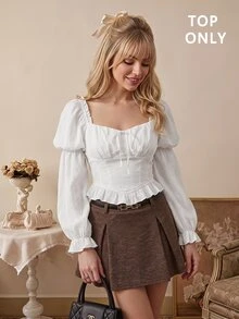 SHEIN MOD Elegant White Summer Tea Party Blouse,Sweetheart Neck Ruched Bust Frill Trim Lotus Knot Puff Flare Long Sleeve Tops,Victorian Pirate Rococo Shirt - White - View 8