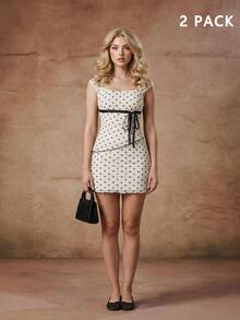 SHEIN MOD Polka Dot Bow 2 Pieces Set: Asymmetric Hem Top & Low Waist Skirt - Multicolor - View 3