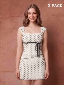 SHEIN MOD Polka Dot Bow 2 Pieces Set: Asymmetric Hem Top & Low Waist Skirt - Multicolor - View 12