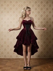 SHEIN MOD Women's Velvet Mid-Length Dress,Costume,Burgundy,Christmas,Party,New Year - Red - View 13