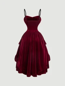 SHEIN MOD Women's Velvet Mid-Length Dress,Costume,Burgundy,Christmas,Party,New Year - Red - View 5