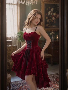 SHEIN MOD Women's Velvet Mid-Length Dress,Costume,Burgundy,Christmas,Party,New Year - Red - View 9