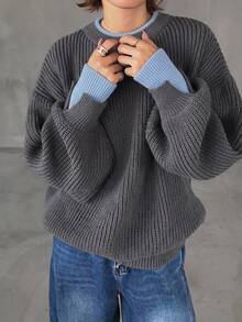 FRIFUL Women's Round Neck Drop Shoulder Long Sleeve Loose Casual Sweater - Iron Gray - View 4