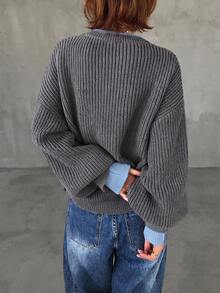 FRIFUL Women's Round Neck Drop Shoulder Long Sleeve Loose Casual Sweater - Iron Gray - View 2