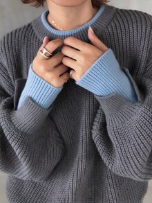 FRIFUL Women's Round Neck Drop Shoulder Long Sleeve Loose Casual Sweater - Iron Gray - View 1