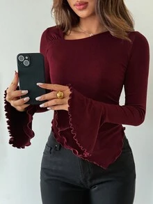 Livesso Women's Solid Color Ruched Slim Fit Versatile Casual Daily T-Shirt - Burgundy - View 4