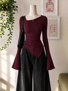 Livesso Women's Solid Color Ruched Slim Fit Versatile Casual Daily T-Shirt - Burgundy - View 1