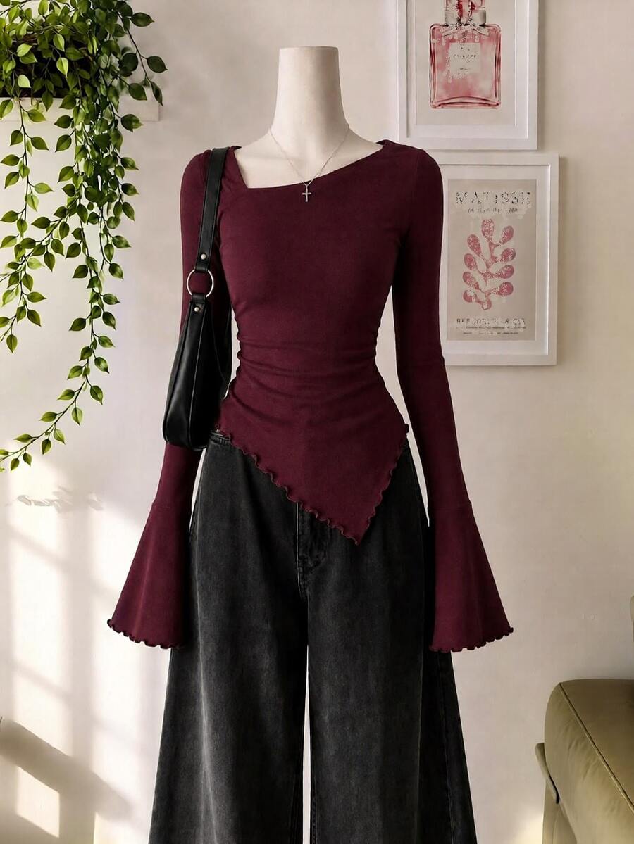 Livesso Women's Solid Color Ruched Slim Fit Versatile Casual Daily T-Shirt - Burgundy - View 1