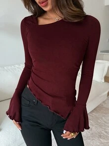 Livesso Women's Solid Color Ruched Slim Fit Versatile Casual Daily T-Shirt - Burgundy - View 6