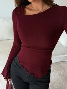 Livesso Women's Solid Color Ruched Slim Fit Versatile Casual Daily T-Shirt - Burgundy - View 5
