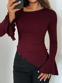 Livesso Women's Solid Color Ruched Slim Fit Versatile Casual Daily T-Shirt - Burgundy - View 3