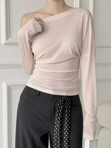 Livesso Women's Solid Color Asymmetrical Shoulder Casual Daily Long Sleeve T-Shirt - Pink - View 4