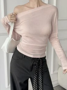 Livesso Women's Solid Color Asymmetrical Shoulder Casual Daily Long Sleeve T-Shirt - Pink - View 5