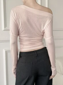 Livesso Women's Solid Color Asymmetrical Shoulder Casual Daily Long Sleeve T-Shirt - Pink - View 2