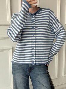 Livesso Women's Blue & White Round Neck Button Cable Knit Long Sleeve Slim Fit Ribbed Cardigan, Autumn/Winter - Blue and White - View 4
