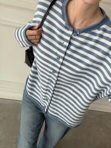 Livesso Women's Blue & White Round Neck Button Cable Knit Long Sleeve Slim Fit Ribbed Cardigan, Autumn/Winter - Blue and White - View 5