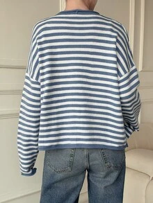 Livesso Women's Blue & White Round Neck Button Cable Knit Long Sleeve Slim Fit Ribbed Cardigan, Autumn/Winter - Blue and White - View 2