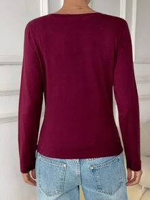 Livesso Women's Solid Color Ruched Slim Fit Versatile Daily Long Sleeve T-Shirt - Hot Pink - View 2