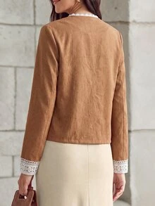 Omancia Women's Contrast Lace Metal Single-Breasted Fashion Jacket - Khaki - View 2