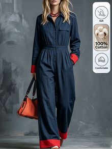 Omancia Women's Colorblock Pleated Casual Daily Wear Jumpsuit - Blue - View 3