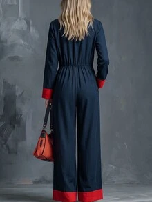 Omancia Women's Colorblock Pleated Casual Daily Wear Jumpsuit - Blue - View 2
