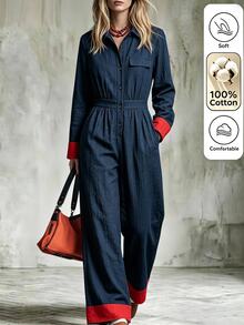 Omancia Women's Colorblock Pleated Casual Daily Wear Jumpsuit - Blue - View 4
