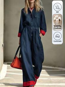 Omancia Women's Colorblock Pleated Casual Daily Wear Jumpsuit - Blue - View 10