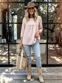 LanaWest Women's Water-Soluble Lace Patchwork Casual Daily Shirt - Pink - View 8