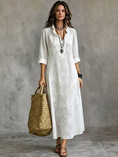 Omancia Vestido maxi elegante y de moda para mujer, cómodo y encantador, de estilo retro y minimalista, ideal para vacaciones, primavera/verano y uso diario en el hogar, con cuello en V con volantes, manga larga, abotonado hasta la mitad y bordado
