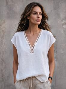 Omancia Women's V-Neck Ruffle Trim Casual Boho Vacation White Blouse, Summer Brunch Vacation - White - View 1