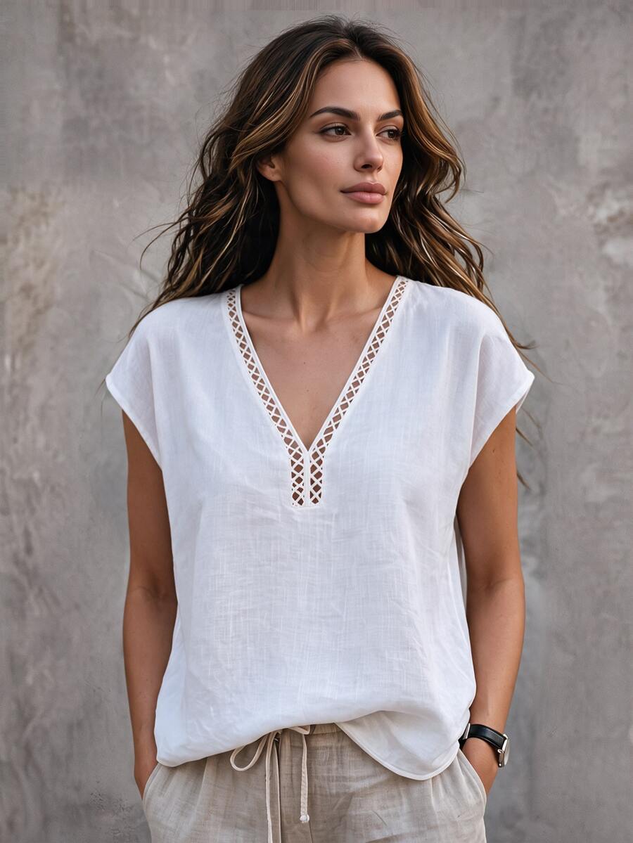 Omancia Women's V-Neck Ruffle Trim Casual Boho Vacation White Blouse, Summer Brunch Vacation - White - View 1