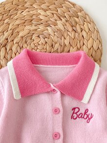 SHEIN 2pcs Baby Girl Collegiate Knitted Set, Ruffled Shawl Collar Lovely Embroidered Pattern Striped Sweater And Pleated Skirt, Suitable For Autumn/Winter - Baby Pink - View 3