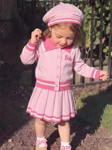 SHEIN 2pcs Baby Girl Collegiate Knitted Set, Ruffled Shawl Collar Lovely Embroidered Pattern Striped Sweater And Pleated Skirt, Suitable For Autumn/Winter - Baby Pink - View 10