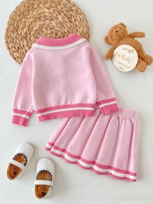 SHEIN 2pcs Baby Girl Collegiate Knitted Set, Ruffled Shawl Collar Lovely Embroidered Pattern Striped Sweater And Pleated Skirt, Suitable For Autumn/Winter - Baby Pink - View 2