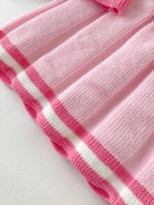 SHEIN 2pcs Baby Girl Collegiate Knitted Set, Ruffled Shawl Collar Lovely Embroidered Pattern Striped Sweater And Pleated Skirt, Suitable For Autumn/Winter - Baby Pink - View 8