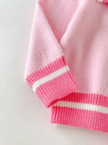 SHEIN 2pcs Baby Girl Collegiate Knitted Set, Ruffled Shawl Collar Lovely Embroidered Pattern Striped Sweater And Pleated Skirt, Suitable For Autumn/Winter - Baby Pink - View 5