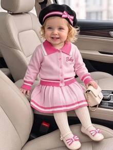 SHEIN 2pcs Baby Girl Collegiate Knitted Set, Ruffled Shawl Collar Lovely Embroidered Pattern Striped Sweater And Pleated Skirt, Suitable For Autumn/Winter - Baby Pink - View 1