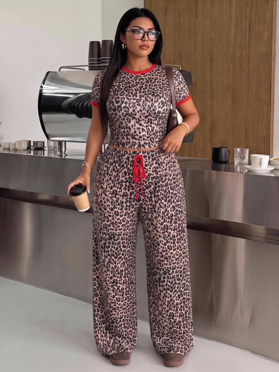 Muchica Plus Size Women's Leopard Print Short Sleeve T-Shirt And Pants Casual 2-Piece Set - Multicolor - View 1