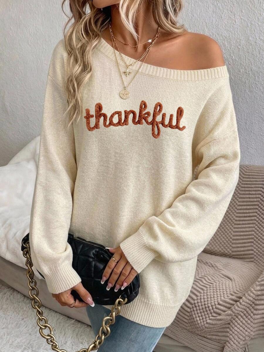 SHEIN LUNE Autumn Thanksgiving Themeoff-Shoulder Knit Sweater Featuring A Casual Color-Block Design In Pink And Orange-Perfect For Brunch Or Everyday Family Wear - Multicolor - View 1