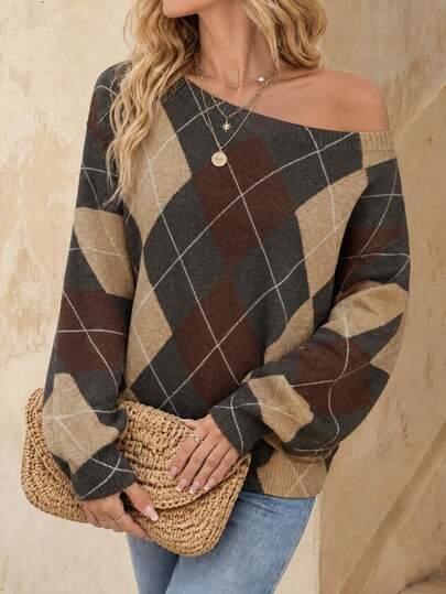 EMERY ROSE Damen lässiger Off-Shoulder Pullover mit Preppy Argyle Muster - gemütlich & stylisch bohemian Strick für Frühling und Herbst/Winter, perfekt für Ausflüge, Reisen, Urlaub, Zuhause, Bibliothek, Schule und als Geschenk