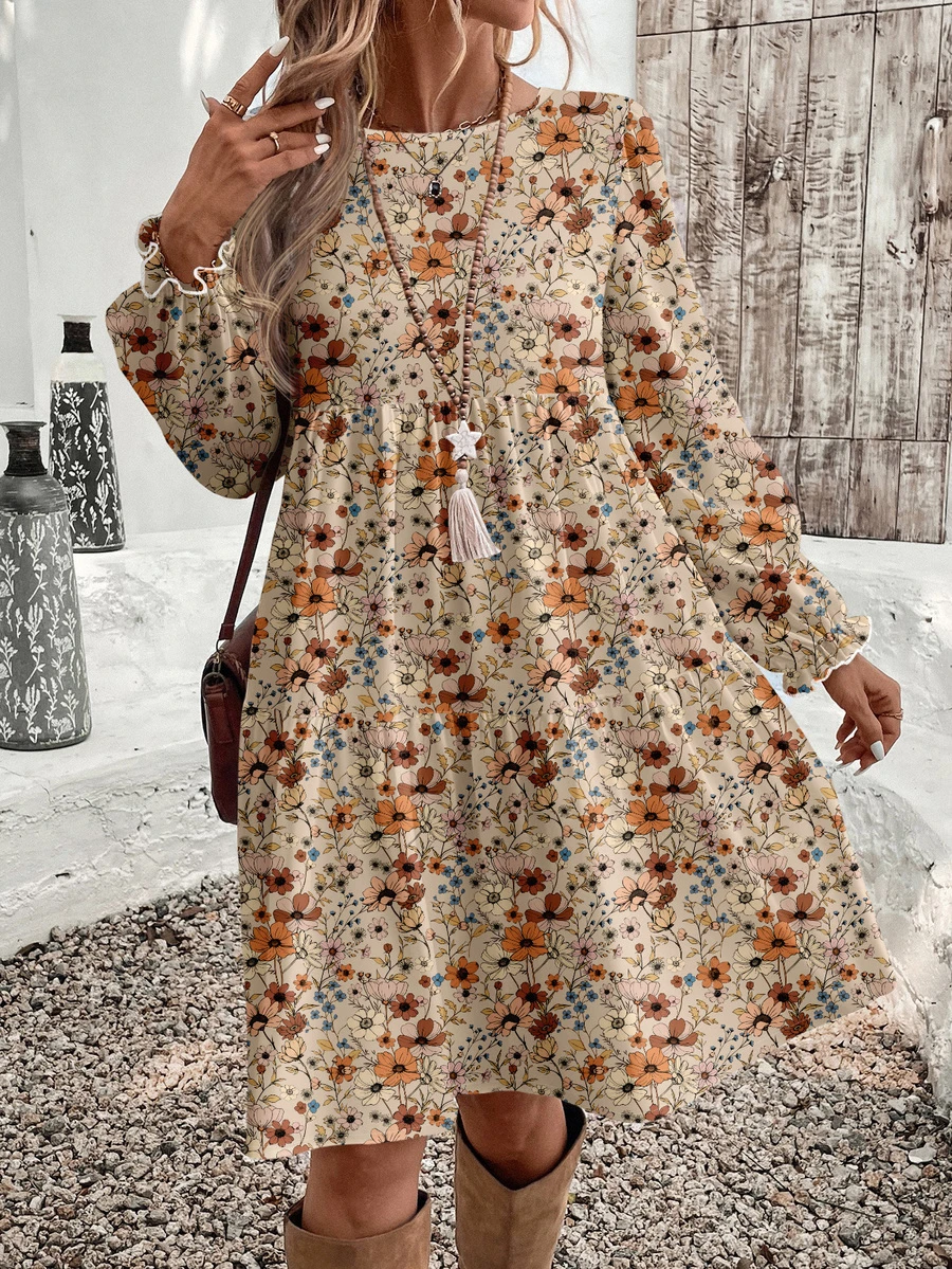 EMERY ROSE Casual Cottagecore Boho Elegant Floral Pattern Round Neck Women's Loose Mid-Length Dress, Suitable For Autumn/Winter And Spring/Fall Vacation Beige