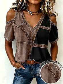 SHEIN LUNE Women's 2026 Early Summer Vintage Casual Western Style Patchwork Cold Shoulder Short Sleeve T-Shirt, V-Neck Top, Faux Leather Colorblock Design Black - Multicolor - View 1