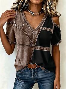 SHEIN LUNE Women's 2026 Early Summer Vintage Casual Western Style Patchwork Cold Shoulder Short Sleeve T-Shirt, V-Neck Top, Faux Leather Colorblock Design Black - Multicolor - View 4