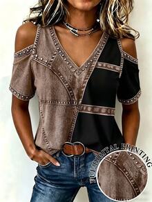 SHEIN LUNE Women's 2026 Early Summer Vintage Casual Western Style Patchwork Cold Shoulder Short Sleeve T-Shirt, V-Neck Top, Faux Leather Colorblock Design Black - Multicolor - View 5