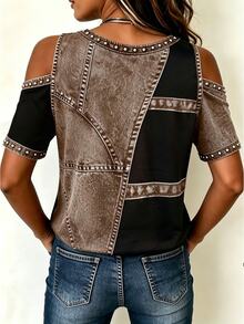 SHEIN LUNE Women's 2026 Early Summer Vintage Casual Western Style Patchwork Cold Shoulder Short Sleeve T-Shirt, V-Neck Top, Faux Leather Colorblock Design Black - Multicolor - View 2