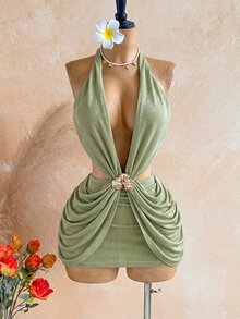 Ure Wave 女款性感熱帶夏季度假音樂節 3D 花卉裝飾針織迷你鼠尾草綠洋裝，挖空腰部、V 領、露背，沙灘風 - 薄荷綠 - 查看 4