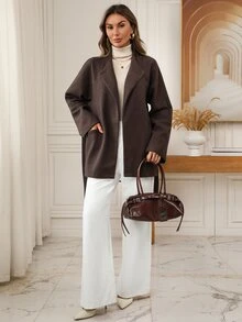 SHEIN LUNE Women's Vintage Wool Blend Mid-Length Coat, Autumn/Winter Wool Jacket - Brown - View 7